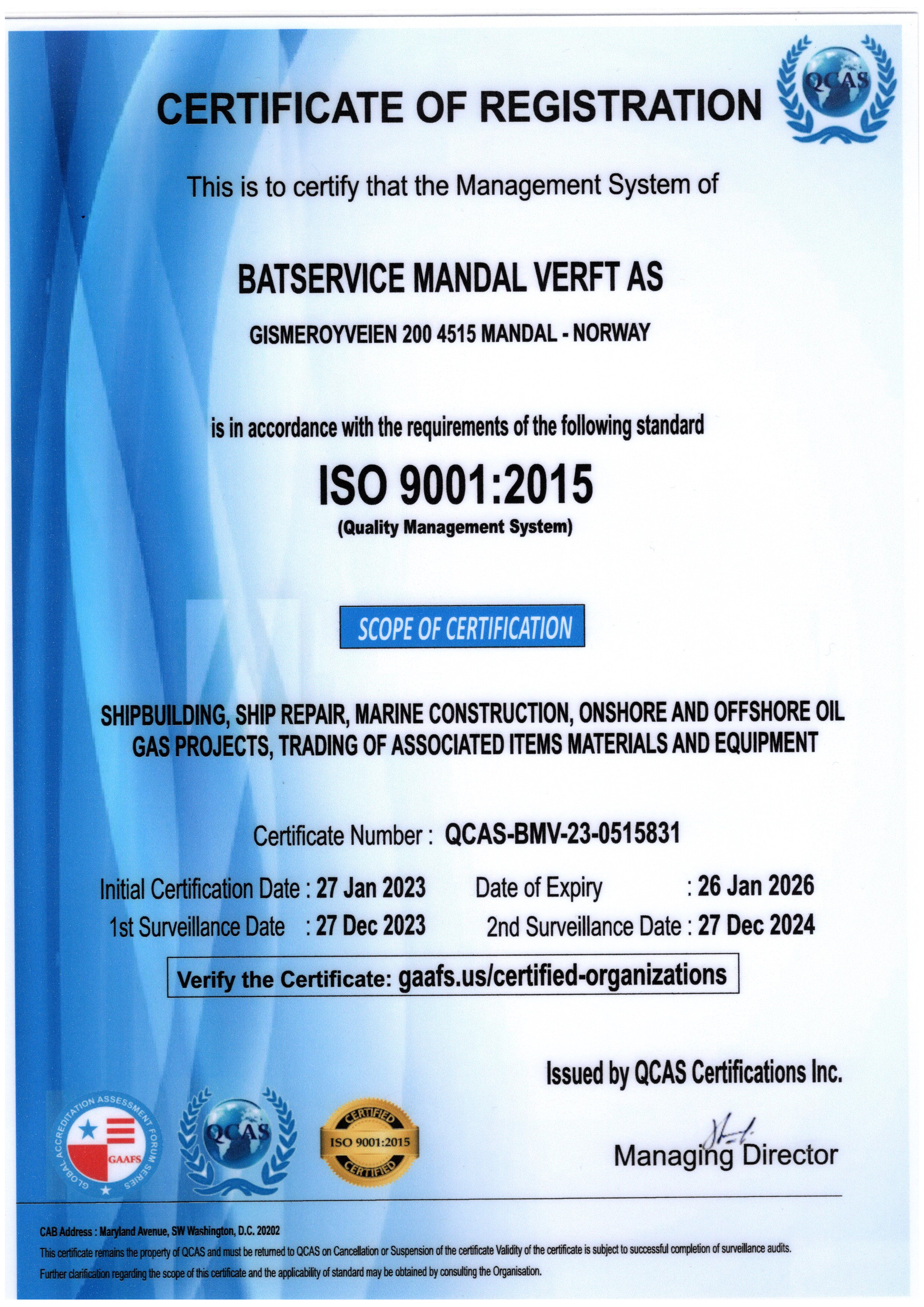 BATSERVICE MANDAL VERFT AS ISO 9001-2015